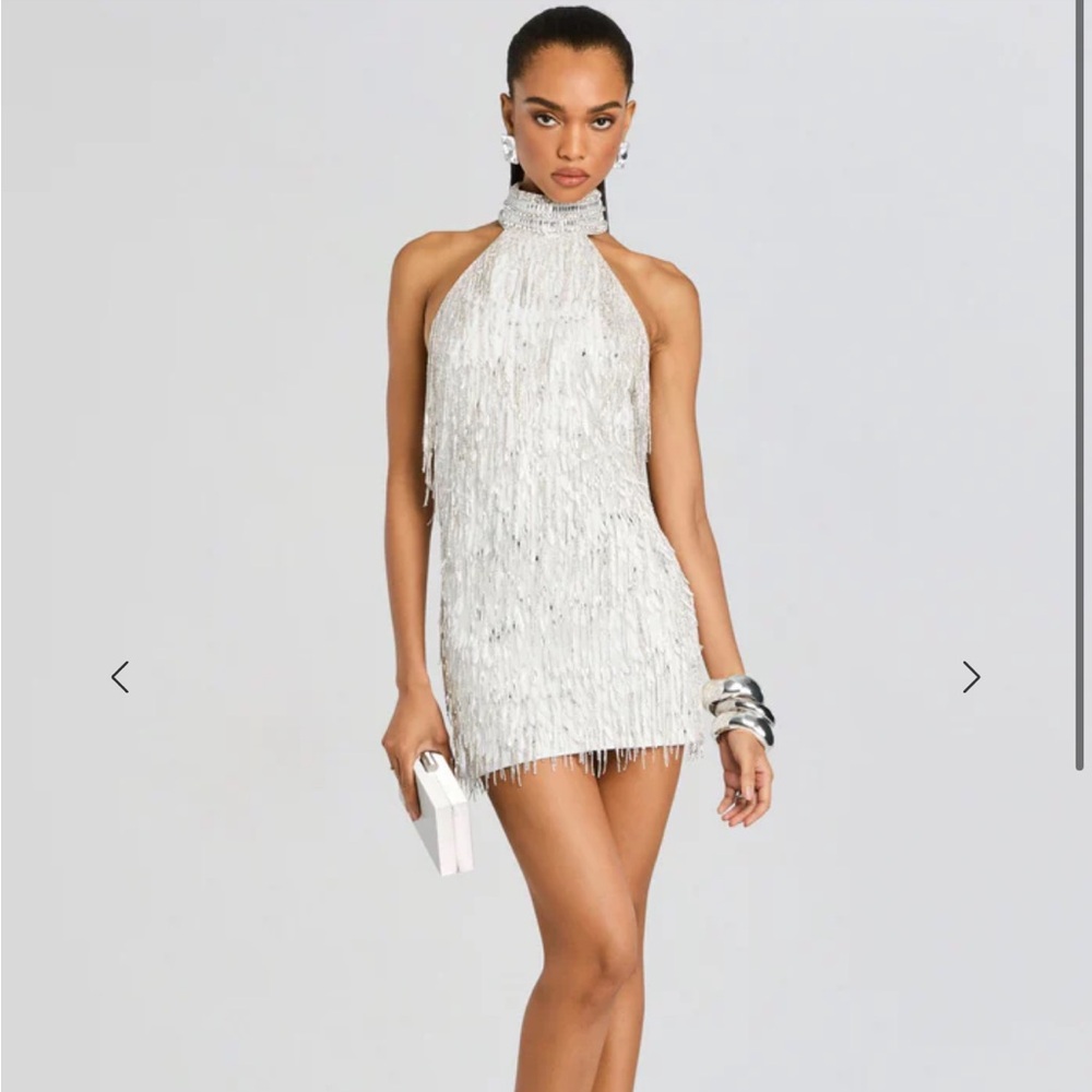Retrofete Ivory Gold Beaded Fringe Halter Mini Dress - Picture 2 of 15